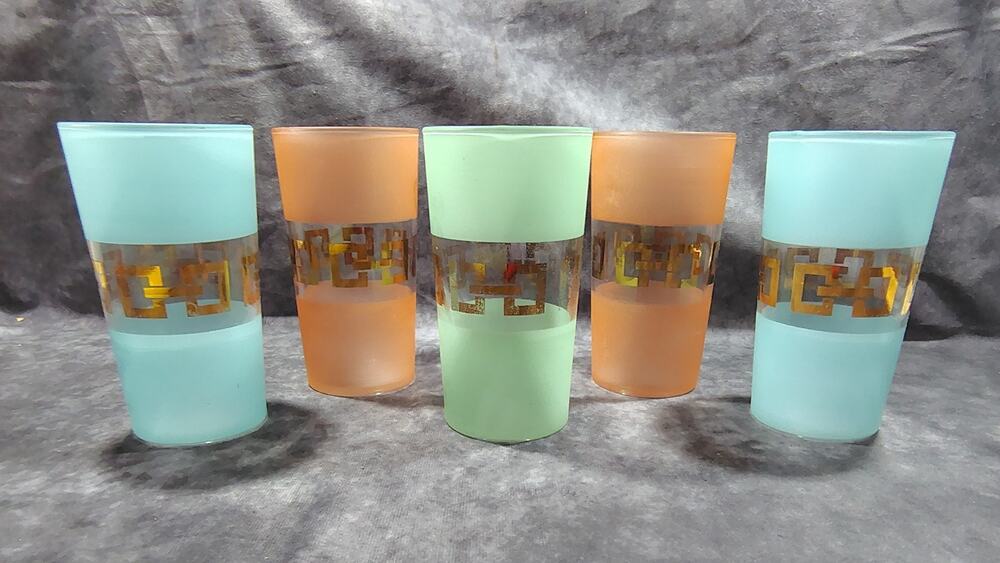 5 MCM Tumbler Glasses Frosted Colors And Gold Square Rare